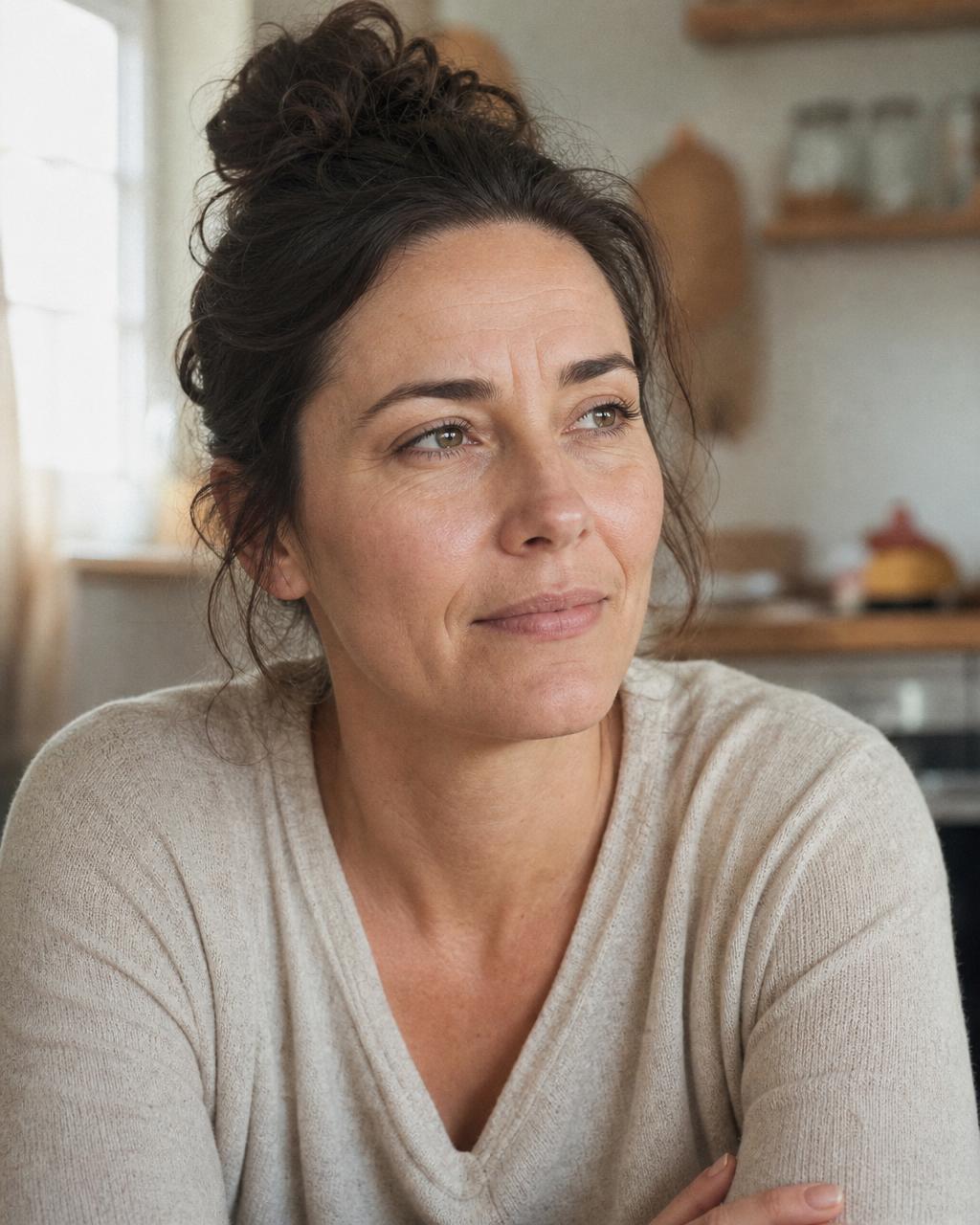 A woman in her early 40s pausing in her kitchen, reflecting on her energy levels